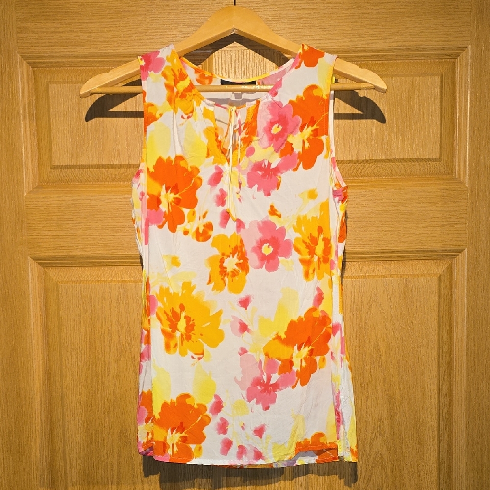 crosby. Floral Tank Top — White with Pink, Orange & Yellow Blooms